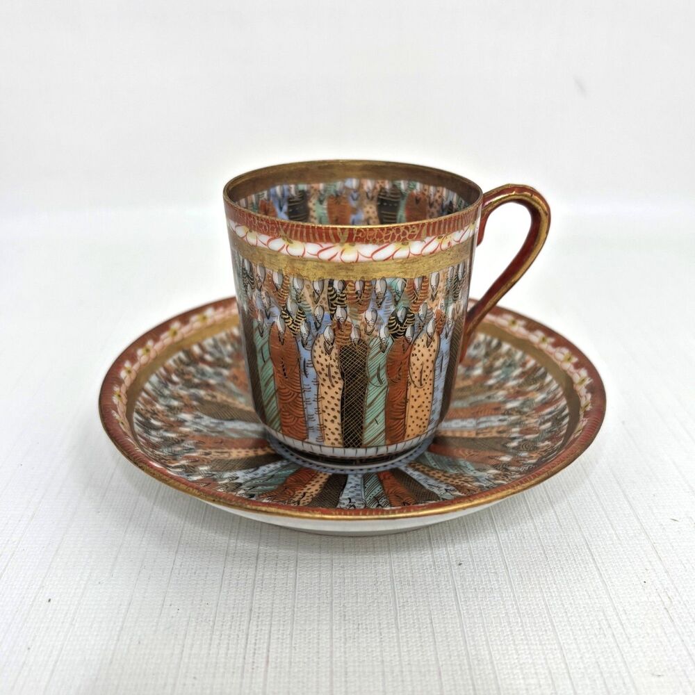 Thousand Faces Satsuma Demitasse Cup Saucer Signed Made Japanese Antique Vintage